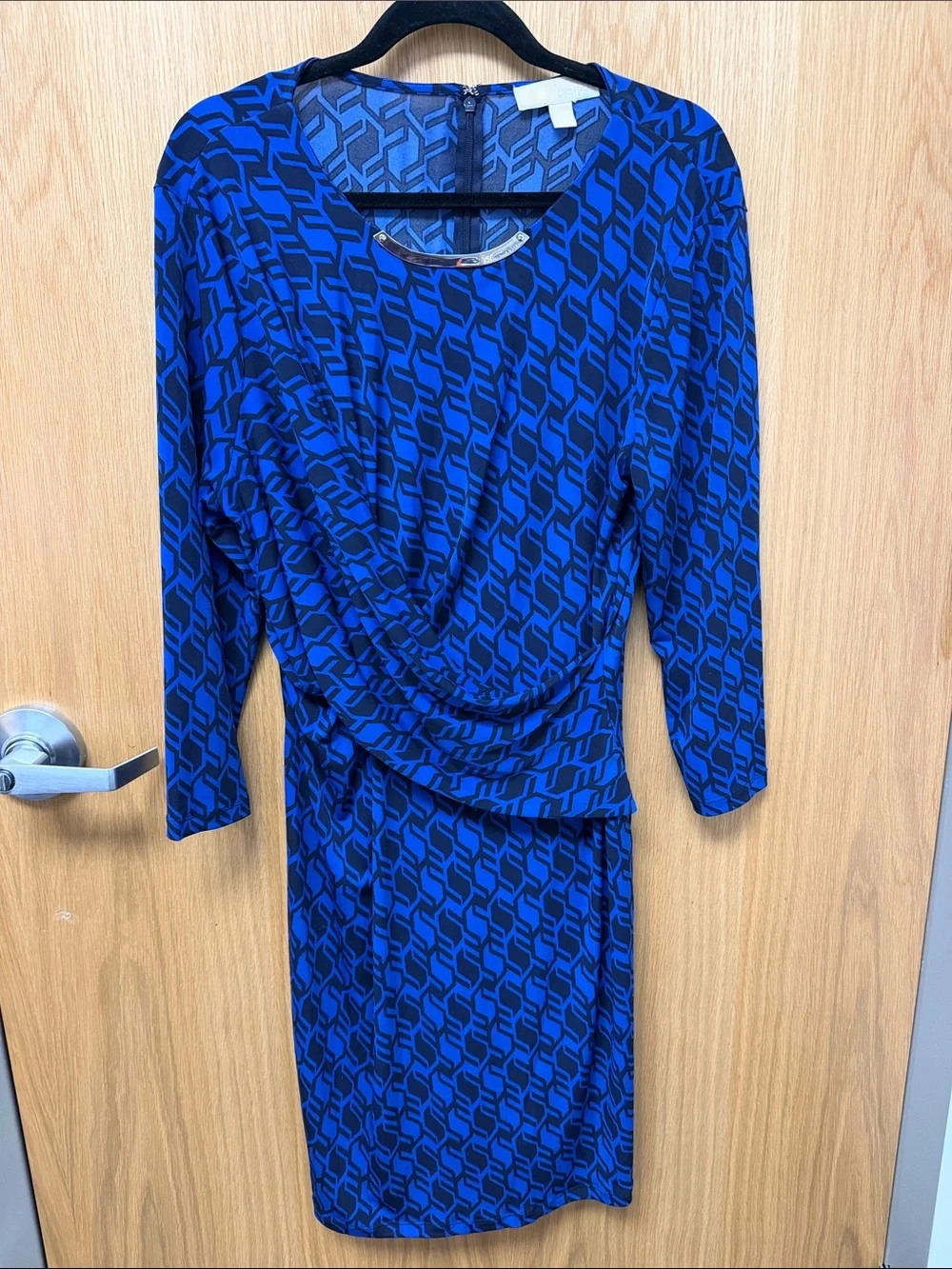 Michael Kors Royal Blue and Black Geometric Long-Sleeve Draped Waist Dress XL